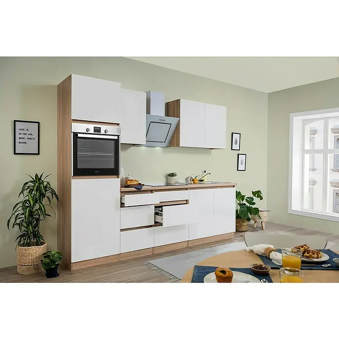 Respekta Premium Küchenleerblock Lorena - Breite: 270 cm, Weiß, Matt, Dekor Arbeitsplatte: Steinoptik, Ohne Elektrogeräte - Moderne Küche mit weißen Schränken und Holzdetails, integriertem Ofen und Frühstückstisch.