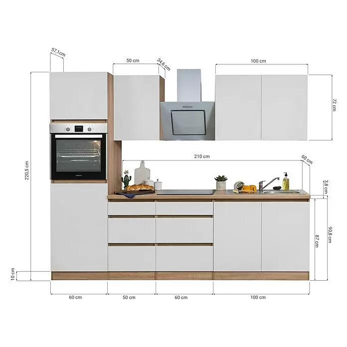Respekta Premium Küchenleerblock Lorena - Breite: 270 cm, Grau, Dekor Arbeitsplatte: Holzoptik, Hochglänzend, Ohne Elektrogeräte - Skizze