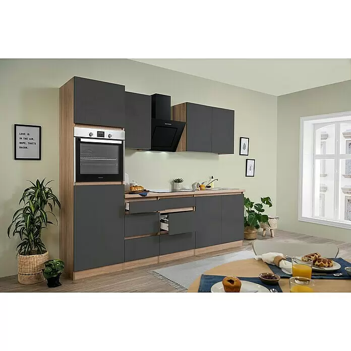 Respekta Premium Küchenleerblock Lorena - Breite: 270 cm, Grau, Dekor Arbeitsplatte: Holzoptik, Hochglänzend, Ohne Elektrogeräte - Stimmungsaufnahme