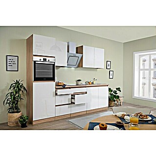 Respekta Premium Küchenleerblock Lorena (Breite: 270 cm, Weiß, Dekor Arbeitsplatte: Holzoptik, Hochglänzend, Ohne Elektrogeräte)