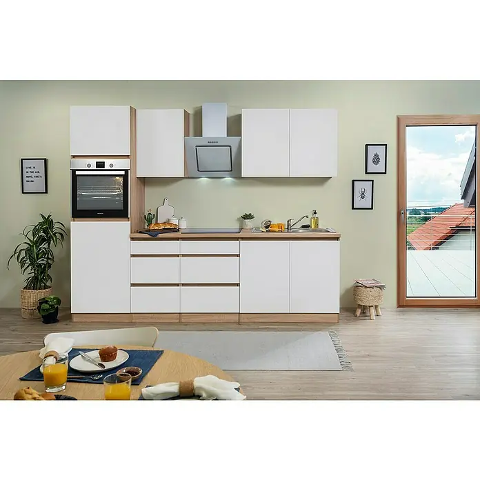Respekta Premium Küchenleerblock Lorena - Breite: 270 cm, Weiß, Matt, Dekor Arbeitsplatte: Steinoptik, Ohne Elektrogeräte - Einbauküche mit weißen Schränken, Holz-Arbeitsplatte und modernen Geräten, die eine stilvolle und funktionale Raumlösung bietet.