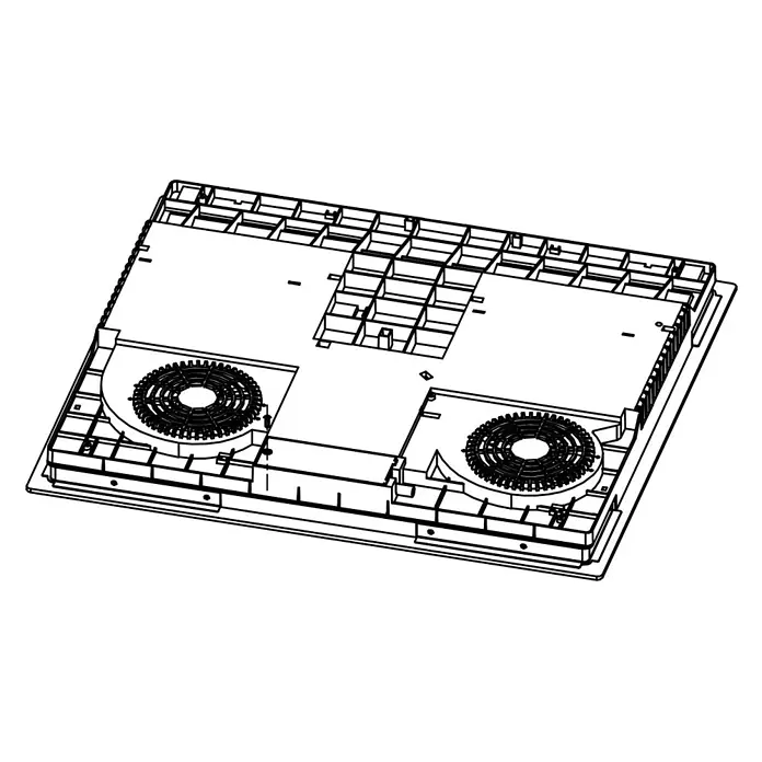 Respekta Kochfeld Alois - Anzahl Induktionskochstellen: 4 Stk. - Illustration eines Kochfelds mit zwei Heizplatten, umgeben von einem Gitterrahmen. Ein technisches Schema eines Küchengeräts.