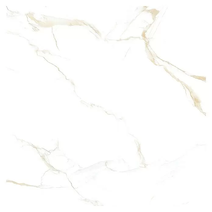 Feinsteinzeugfliese Calacatta Roma - 60 x 60 cm, Weiß/Gold, Glänzend - Weiße Marmorplatte mit eleganten Gold- und Beigetönen, ideal für luxuriöse Innenflächen.