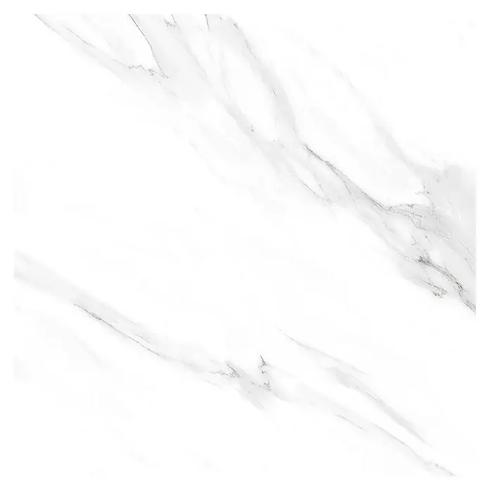 Feinsteinzeugfliese Prizma Statuario - 60 x 60 cm, Weiß/Grau, Glänzend - Nahaufnahme einer weißen Marmorfliese mit grauen Adern, ideal für moderne und elegante Innenräume. Die Fliese verleiht jedem Raum eine edle Note.