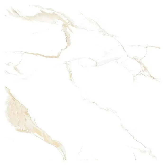 Feinsteinzeugfliese Calacatta Roma - 60 x 60 cm, Weiß/Gold, Glänzend - Weiße Marmorfliese mit zarter hellbeiger und goldener Maserung.