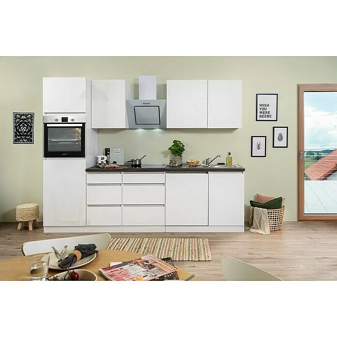 Respekta Premium Küchenleerblock LorenaBreite: 280 cm, Weiß, Hochglänzend, Dekor Arbeitsplatte: Steinoptik, Ohne Elektrogeräte