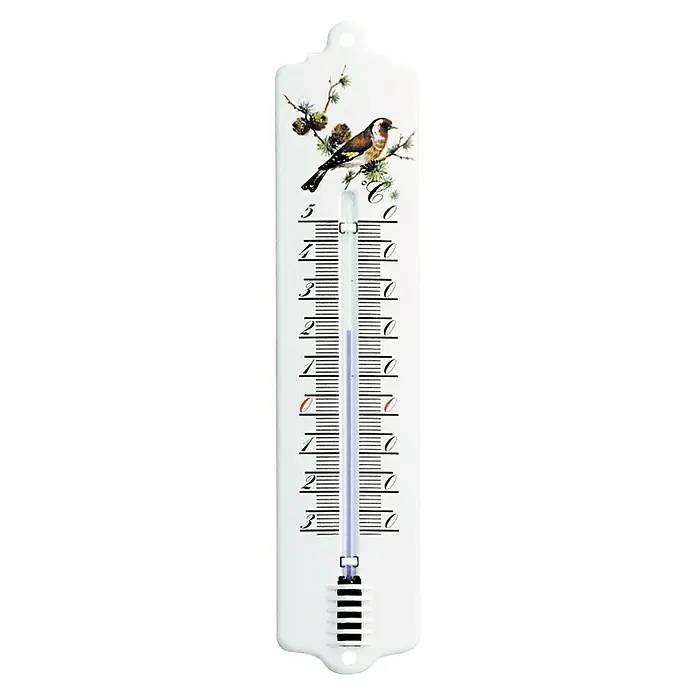 Termómetro para exterior Ave - Altura: 22,5 cm, Metal, Blanco - Un termómetro blanco con un diseño de pájaro muestra una temperatura ligeramente inferior a cero grados Celsius.