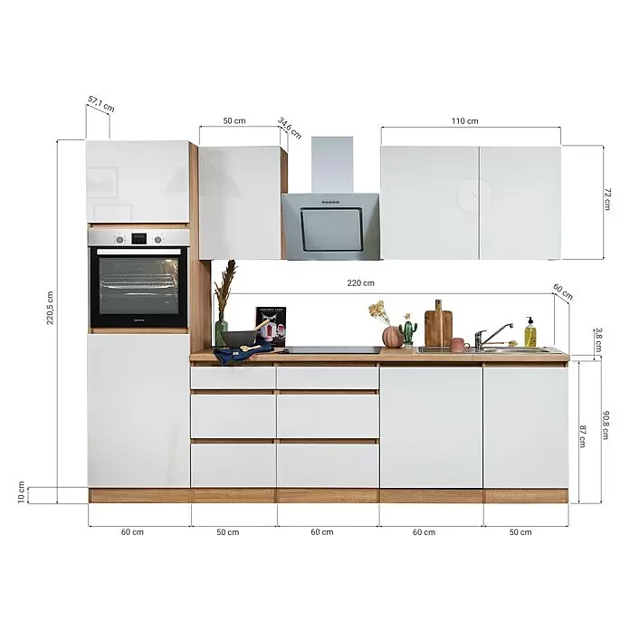 Respekta Premium Küchenleerblock Lorena - Breite: 280 cm, Weiß, Dekor Arbeitsplatte: Holzoptik, Hochglänzend, Ohne Elektrogeräte - Moderne Küche mit hochglänzenden weißen Schränken und hellen Holzapplikationen, inklusive Backofen, Kochfeld, Spüle und Dunstabzugshaube. Maße sichtbar.