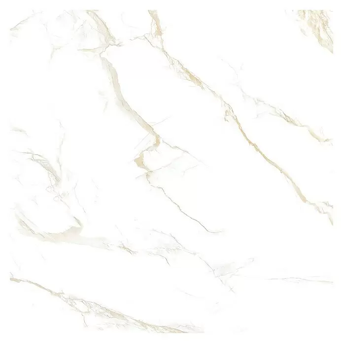 Feinsteinzeugfliese Calacatta Roma - 60 x 60 cm, Weiß/Gold, Glänzend - Weißer Marmor mit goldener Maserung, geeignet für Fliesen oder Oberflächen.
