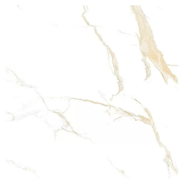 Feinsteinzeugfliese Calacatta Roma - 60 x 60 cm, Weiß/Gold, Glänzend - Weiße Fliese in Marmoroptik mit goldenen Adern.