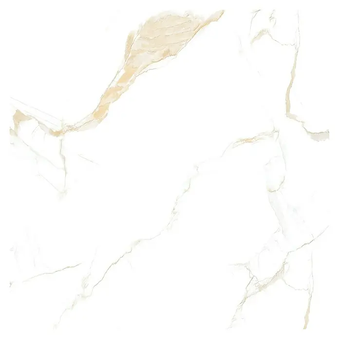 Feinsteinzeugfliese Calacatta Roma - 60 x 60 cm, Weiß/Gold, Glänzend - Nahaufnahme einer großen weißen Marmorfliese mit goldenen Adern, ideal für moderne Innenräume.