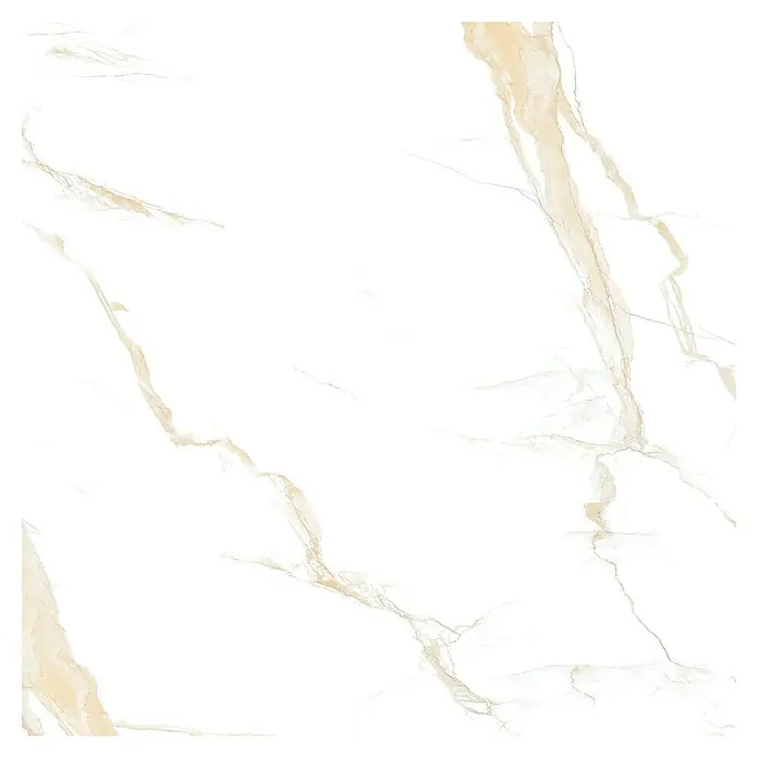 Feinsteinzeugfliese Calacatta Roma - 60 x 60 cm, Weiß/Gold, Glänzend - Nahaufnahme einer Marmorfliese mit goldenen Adern, ideal für moderne Innenräume. Perfekt für Boden- und Wandgestaltung mit luxuriöser Note.