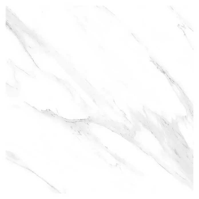 Feinsteinzeugfliese Prizma Statuario - 60 x 60 cm, Weiß/Grau, Glänzend - Nahaufnahme einer weißen Marmorfliese mit zarten grauen Adern, ideal für moderne Innenräume.\n