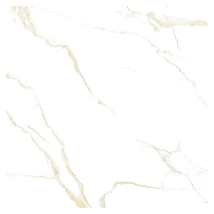 Feinsteinzeugfliese Calacatta Roma - 60 x 60 cm, Weiß/Gold, Glänzend - Bild einer eleganten, weißen Marmorfliese mit zarten, goldfarbenen Adern. Perfekt für stilvolle Innenräume und moderne Designs.