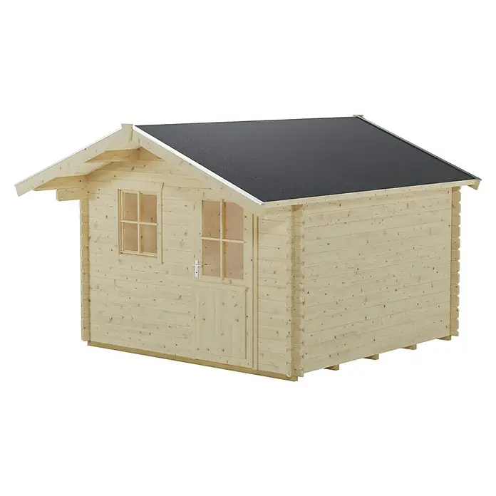 SKAN HOLZ Gartenhaus Como 3 - Außenmaß inkl. Dachüberstand (B x T): 340 x 400 cm, Holz, Natur - Ein helles Holzgartenhaus mit einem dunklen, schrägen Dach und einem Fenster neben der Tür.