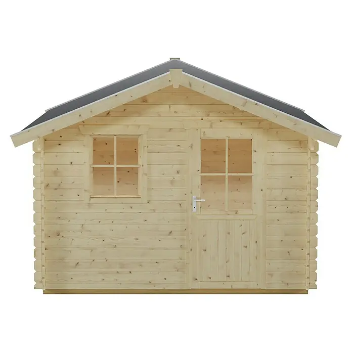 SKAN HOLZ Gartenhaus Como 3 - Außenmaß inkl. Dachüberstand (B x T): 340 x 400 cm, Holz, Natur - Abbildung eines Holzgartenhauses mit Fenster und Tür unter einem schrägen Dach.