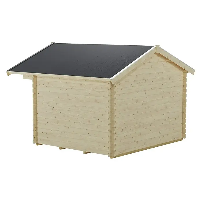 SKAN HOLZ Gartenhaus Como 2 - Außenmaß inkl. Dachüberstand (B x T): 340 x 350 cm, Holz, Natur - Ein detailreiches Bild eines Holzgartenhauses mit einem schlichten, schwarzen Dach. Das Holzhaus strahlt Natürlichkeit aus.