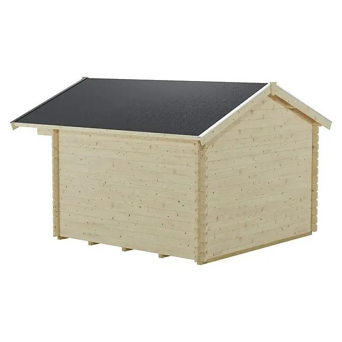 SKAN HOLZ Gartenhaus Como 3 - Außenmaß inkl. Dachüberstand (B x T): 340 x 400 cm, Holz, Natur - Eine Nahaufnahme eines hellen Holzschuppens mit einem flachen, dunklen Dach, der auf einem schwarzen Hintergrund steht.