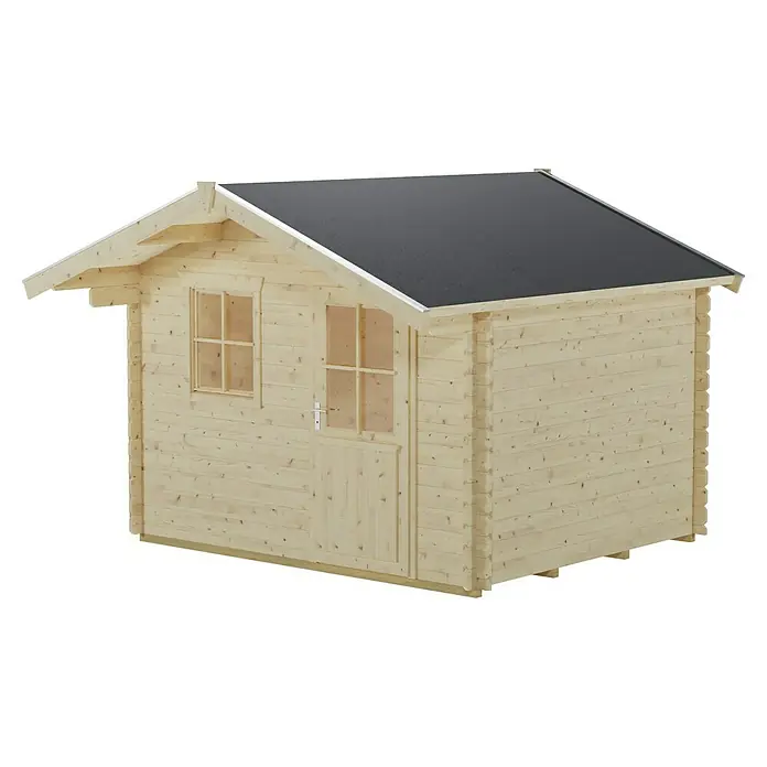 SKAN HOLZ Gartenhaus Como 2 - Außenmaß inkl. Dachüberstand (B x T): 340 x 350 cm, Holz, Natur - Ein detailreiches Bild eines Holzgartenhauses mit schwarzem Dach, ideal für Garten- oder Lagerzwecke.