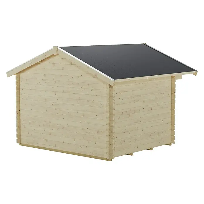 SKAN HOLZ Gartenhaus Como 2 - Außenmaß inkl. Dachüberstand (B x T): 340 x 350 cm, Holz, Natur - Ansicht einer Holzgartenhütte mit schwarzem Dach. Das Holz ist hell und unbehandelt, die Hütte steht auf einem dunklen Untergrund.