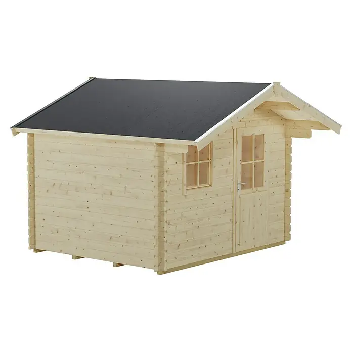 SKAN HOLZ Gartenhaus Como 2 - Außenmaß inkl. Dachüberstand (B x T): 340 x 350 cm, Holz, Natur - Ein helles Holzgartenhaus mit einem schwarzen Dach, das eine robuste und natürliche Ästhetik für jeden Garten bietet.