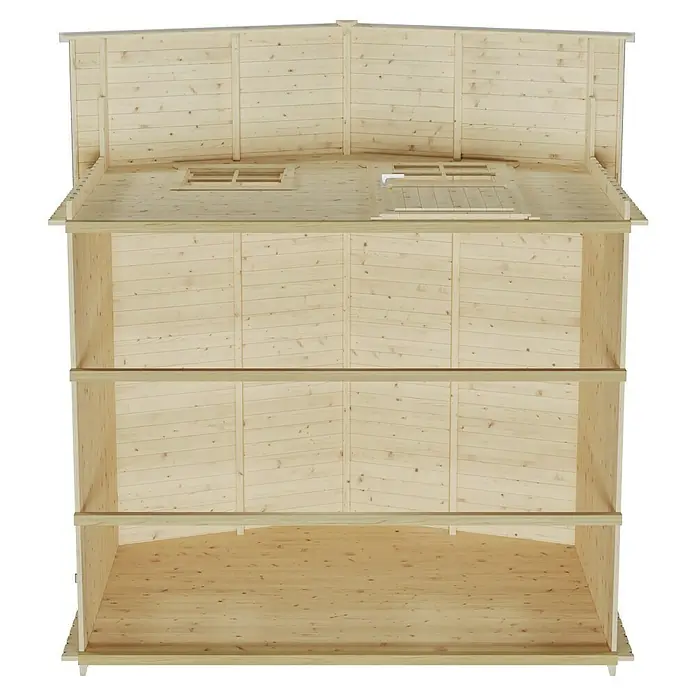 SKAN HOLZ Gartenhaus Como 2 - Außenmaß inkl. Dachüberstand (B x T): 340 x 350 cm, Holz, Natur - Blick in das Innere eines hölzernen Gartenhauses, das durch seine Konstruktion und das natürliche Holz besticht.