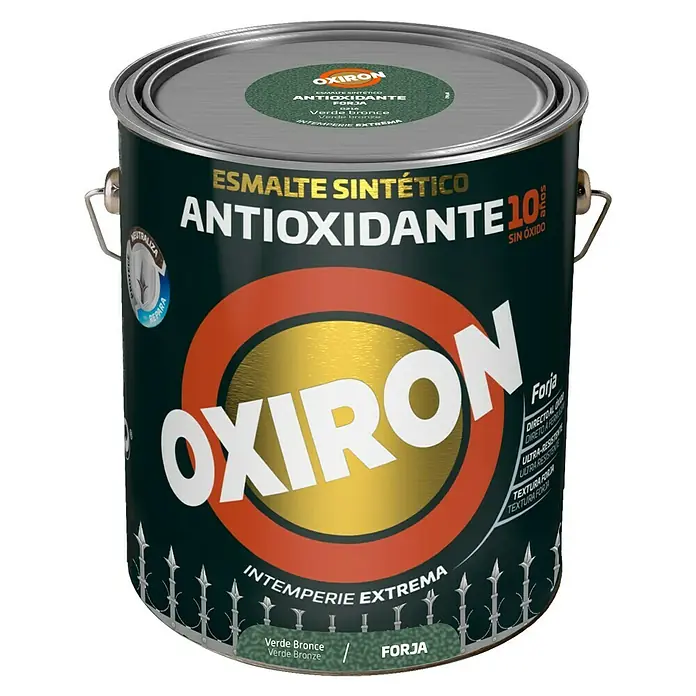 Oxiron Esmalte para metal Forja - Verde bronce, 4 l - Bote de esmalte sintético Oxirón, antioxidante, efecto forja, color verde bronce, protege metales en exteriores.