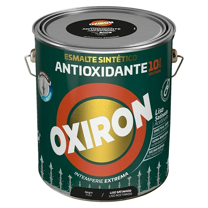 Oxiron Esmalte para metal Liso - Negro, 4 l, Satinado - Bote de esmalte sintético Oxiron, antioxidante para exteriores, garantiza 10 años de protección, color negro, acabado satinado.