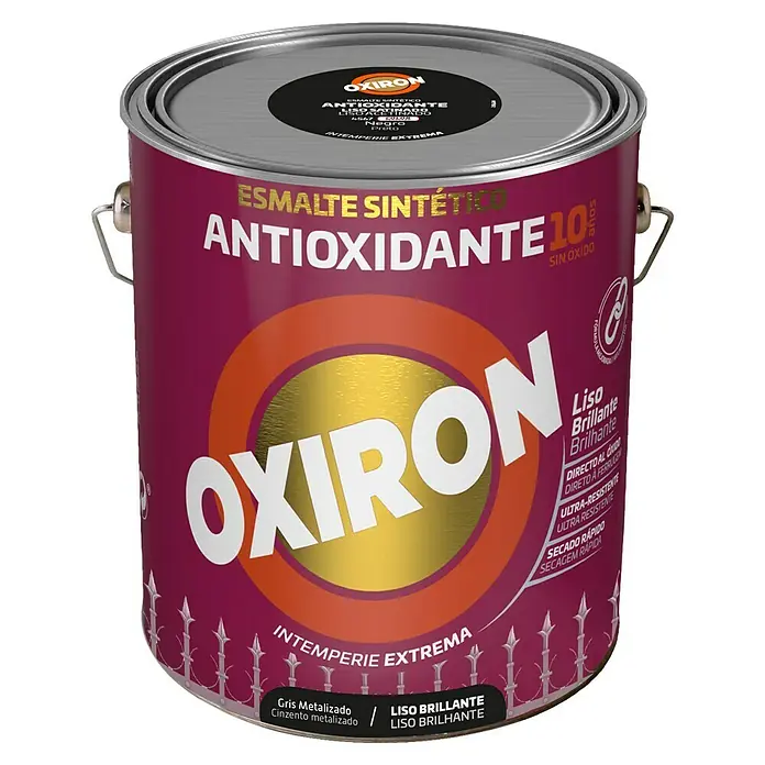 Oxiron Esmalte para metal - Negro, 4 l, Brillante - Imagen de una lata de pintura de esmalte antioxidation Oxiron en gris metalizado. Ideal para la protección contra el óxido con resistencia climática extrema.