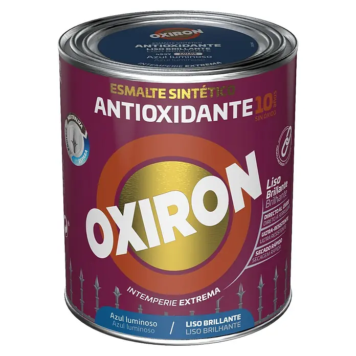 Oxiron Esmalte para metal Liso - Azul luminoso, 750 ml, Brillante - Un bote de pintura de esmalte Oxiron, sintético, antioxidante, brillante, en color Azul Azure. Ideal para protección duradera y pintura decorativa.