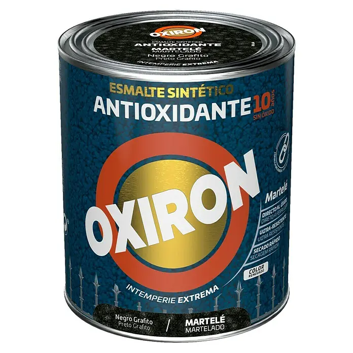 Oxiron Esmalte para metal Martelé - Negro grafito, 750 ml - Imagen de una lata de esmalte sintético Oxiron, antioxidante, martelé, negro grafito, con resistencia climática extrema, ideal para exteriores.