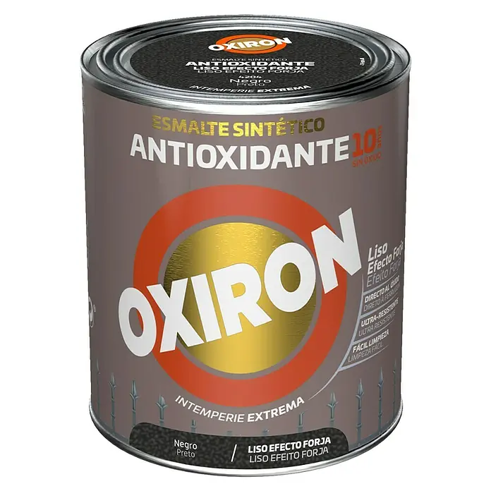 Oxiron Esmalte para metal Liso efecto forja - Negro, 750 ml, Satinado - Pintura efecto forja OXIRON, un esmalte sintético antioxidante para clima extremo, ideal para superficies metálicas.