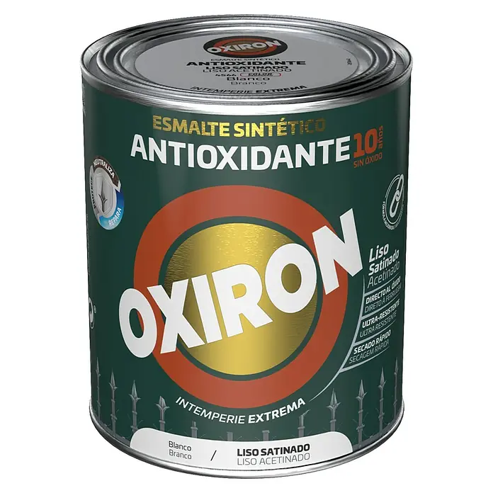 Oxiron Esmalte para metal Liso - Blanco, 750 ml, Satinado - Bote de pintura esmalte Oxiron, sintético, antioxidante, color blanco satinado, para intemperie extrema, protección contra óxido de 10 años.