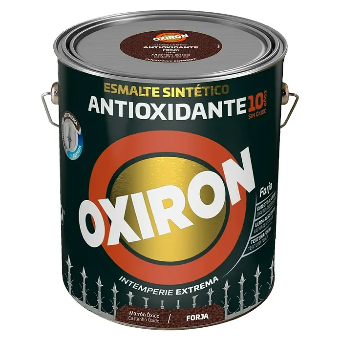 Oxiron Esmalte para metal Forja - Marrón óxido, 4 l - Primer plano de una lata de pintura antioxidante OXIRON, que ofrece protección duradera y un acabado atractivo para superficies metálicas.