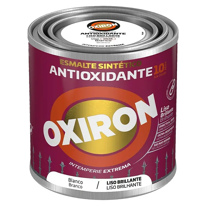 Oxiron Esmalte para metal Liso - Blanco, 250 ml, Brillante - Bote de esmalte sintético antioxidante Oxiron blanco brillante, una pintura antióxido para uso exterior con resistencia extrema y secado rápido.