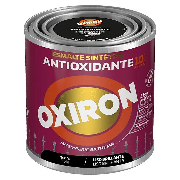 Oxiron Esmalte para metal Liso - Negro, 250 ml, Brillante - Un bote de pintura Oxiron, un esmalte antioxidante negro brillante para exteriores que protege las superficies de forma fiable.