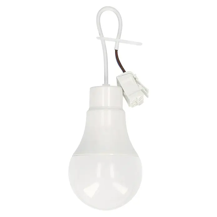 LED-Lampe Renovierlampe mit Steckklemme neutralweiß 1055 lm - E27, 10 W - Nahaufnahme einer weißen LED-Lampe mit Fassung und Kabel, ideal für energieeffiziente Beleuchtungslösungen.