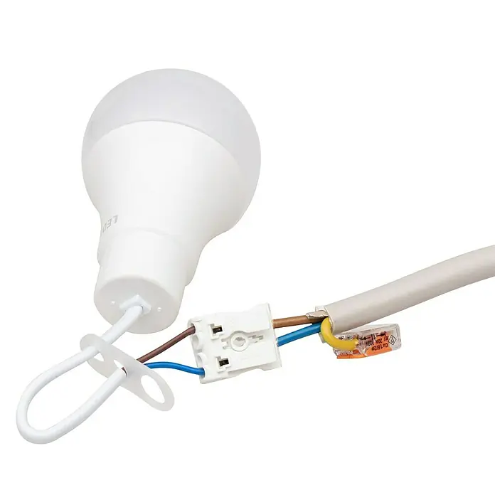 LED-Lampe Renovierlampe mit Steckklemme neutralweiß 1055 lm - E27, 10 W - Nahaufnahme einer LED-Lampe mit Verkabelung, die die Verbindungskomponenten und die Installation des Produkts hervorhebt.