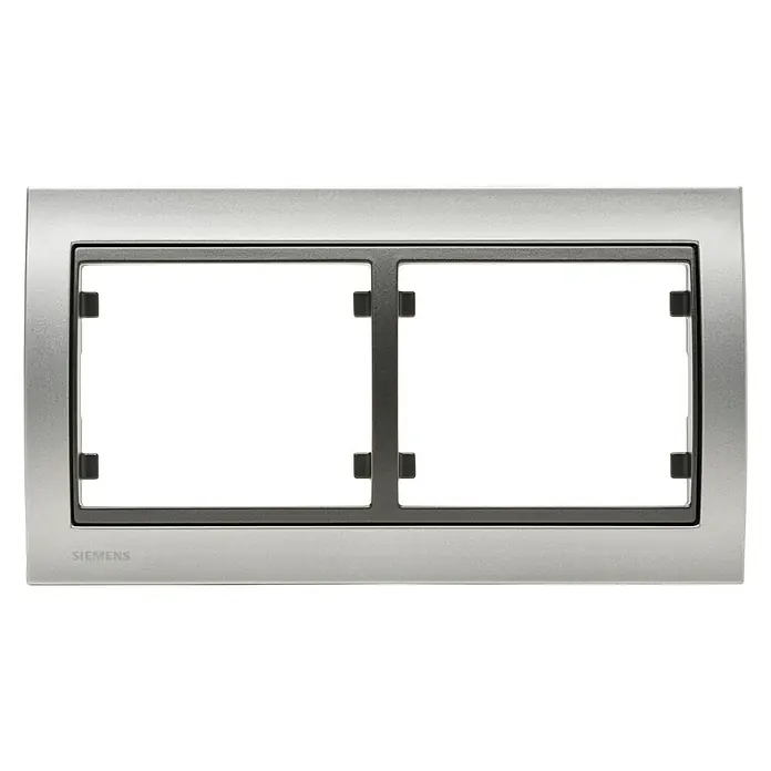 Siemens Delta Iris Marco - Aluminio/Grafito, Modelo de mecanismos: x 2, Plástico, Colocar - Cubierta para dos módulos del sistema de interruptores Siemens Delta i-system en plata con recortes rectangulares.