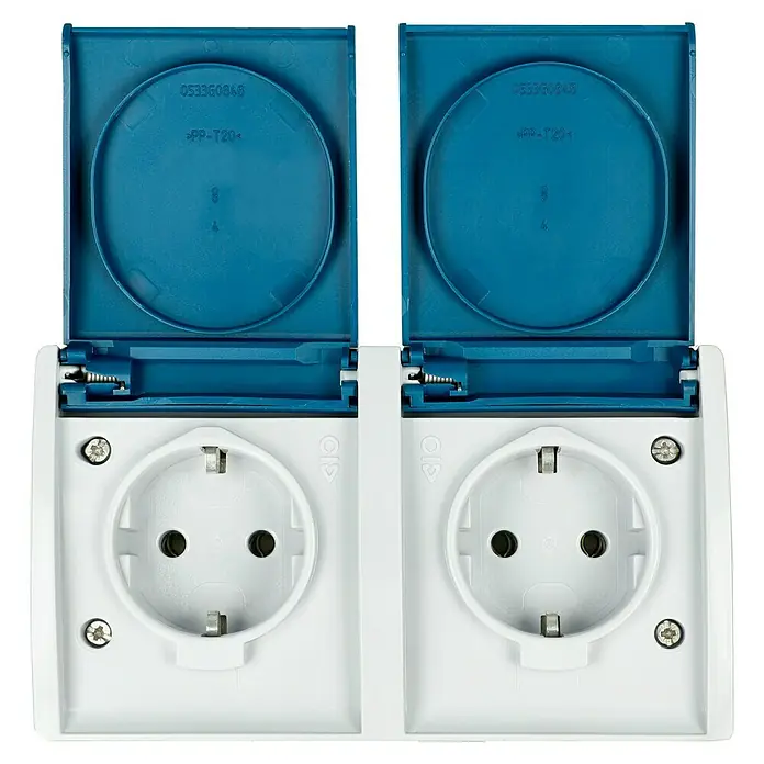 Busch-Jaeger Ocean Steckdose 20/2 EW-53 - 2-fach, Horizontal, Grau/blaugrün, IP44 - Doppelsteckdose mit blauem Klappdeckel, ideal für den Außenbereich, bietet Schutz vor Witterungseinflüssen und ist einfach zu installieren.