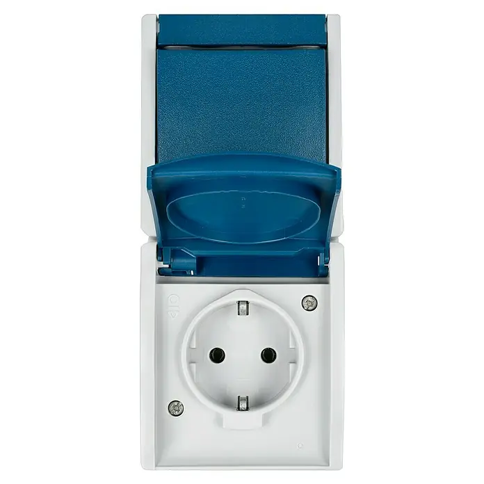 Busch-Jaeger Ocean Schalterkombination 2601/6/20 EW-53 - Grau/blaugrün, Matt, 2-fach, Ausrichtung Schalterprogramm: Vertikal, Aufputzmontage, IP44 - Nahaufnahme einer weißen Schuko-Steckdose mit blauem Klappdeckel, geeignet für den Außenbereich. Ideal für den Einsatz im Garten oder auf der Terrasse.