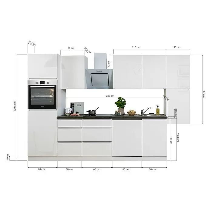 Respekta Premium Küchenleerblock Lorena - Breite: 330 cm, Weiß, Hochglänzend, Dekor Arbeitsplatte: Steinoptik, Ohne Elektrogeräte - Moderne weiße Hochglanzküche mit integriertem Backofen, Kochfeld, Spüle und Dunstabzugshaube.