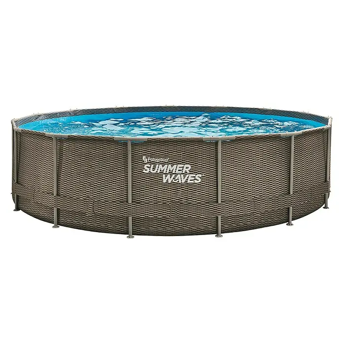 Frame-Pool Summer Waves Active - Ø x H: 457 x 107 cm, Braun, 15.297 l - Ein Summer Waves-Pool mit braunem Rattan-Design und blauem Wasser, ideal für Sommerfrische und Entspannung im eigenen Garten.