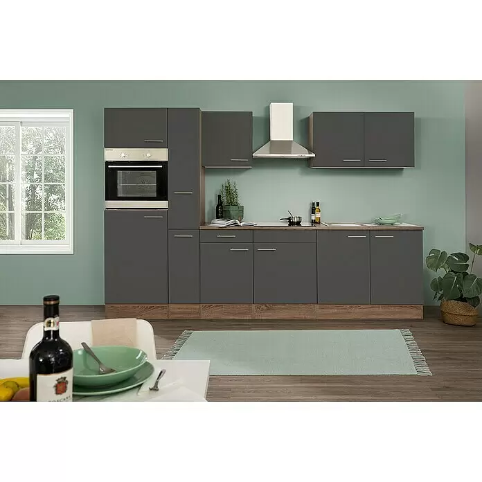 Respekta Cocina modular completa Oliver - Ancho: 300 cm, Gris, Sin electrodomésticos - Cocina moderna gris oscuro con base de madera, horno, vitrocerámica y fregadero integrados.