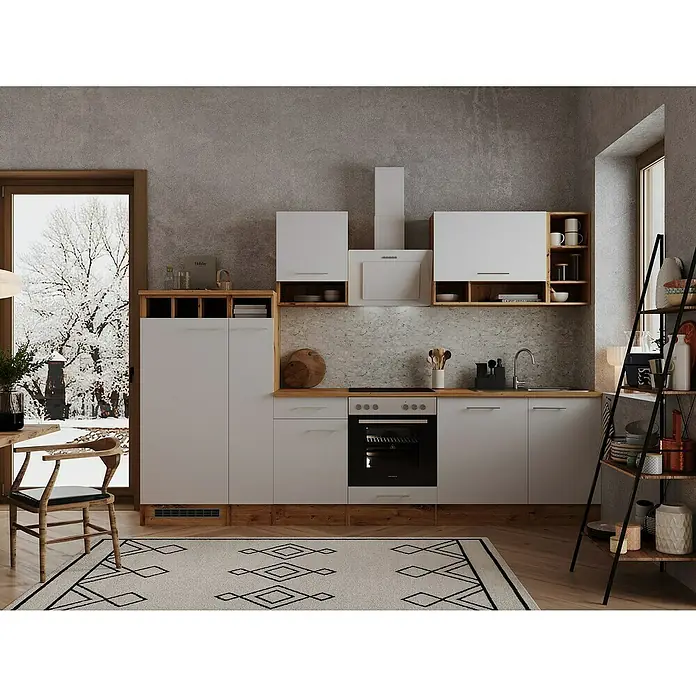 Respekta Küchenleerblock Hilde - Breite: 310 cm, Weiß, Matt, Holzoptik, Ohne Elektrogeräte - Moderne Küche mit weißen Schränken, Holzregalen und einer Dunstabzugshaube. Die Küche bietet Stauraum und eine stilvolle Optik.