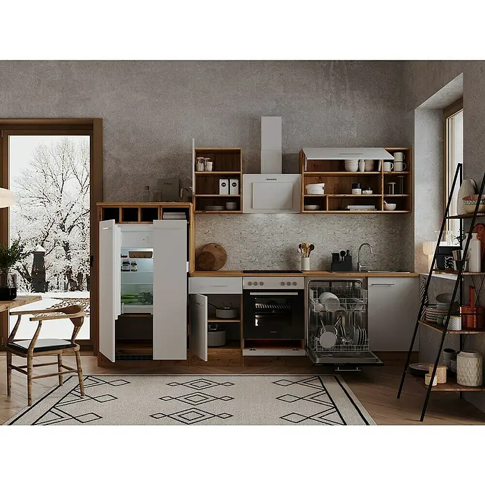 Respekta Küchenleerblock Hilde - Breite: 310 cm, Weiß, Matt, Holzoptik, Ohne Elektrogeräte - Eine moderne Küche mit weißen Einbauschränken, Regalen aus Holz und einem Geschirrspüler. Der Raum ist gut beleuchtet durch Fenster.