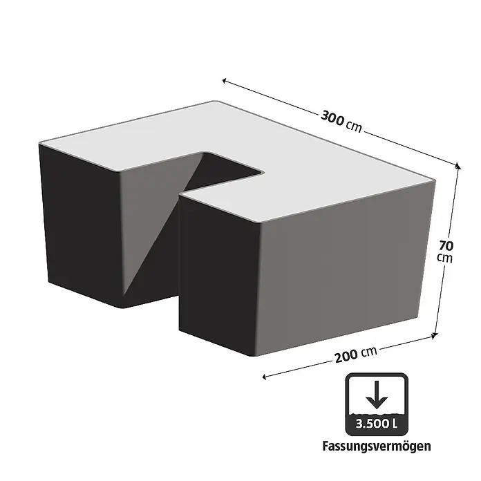 Palatino Hochbeet Urban U-Form - 300 x 200 x 70 cm, Stahl, Rostbraun - Bild einer grauen U-förmigen Wasserzisterne mit den Maßen 300 x 200 x 70 cm und einem Fassungsvermögen von 3.500 Litern.
