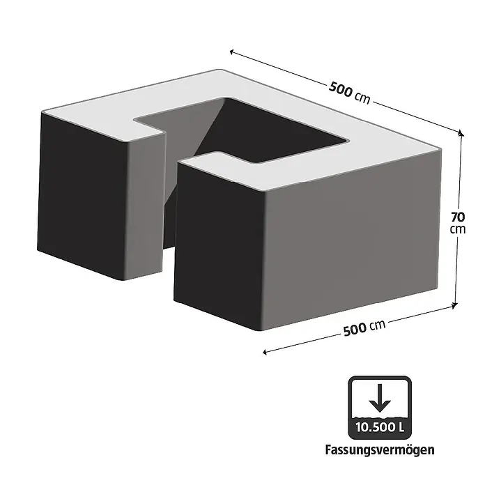 Palatino Hochbeet Urban C-Form - 500 x 500 x 70 cm, Stahl, Rostbraun - Produktbild eines grauen Wasserbehälters mit den Maßen 500x500x70 cm und einem Fassungsvermögen von 10.500 Litern.