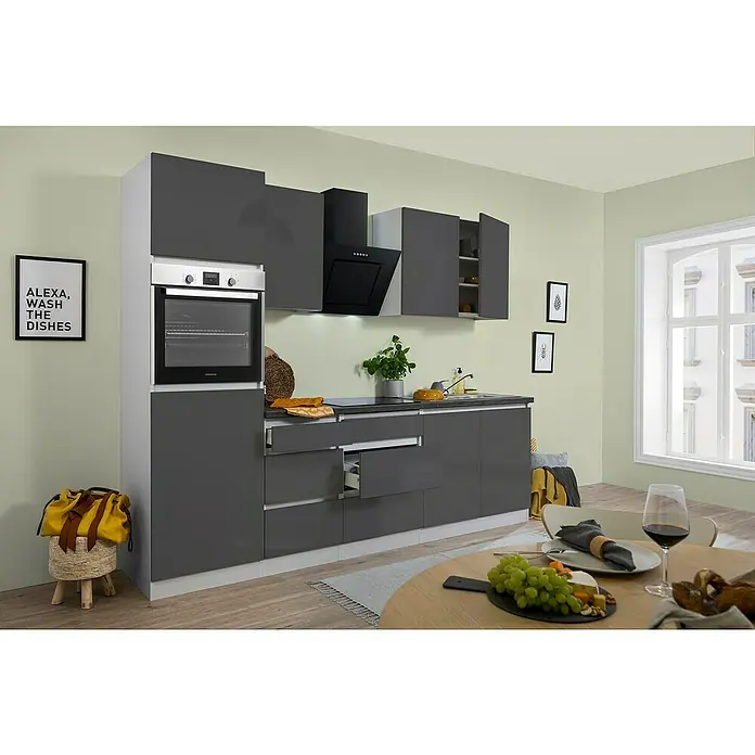 Respekta Premium Küchenleerblock LorenaBreite: 270 cm, Grau, Hochglänzend, Dekor Arbeitsplatte: Steinoptik, Ohne Elektrogeräte - Elegantes Küchendesign mit grauen Schränken, einem modernen Ofen und einer stilvollen Dunstabzugshaube, kombiniert mit Holzelementen.