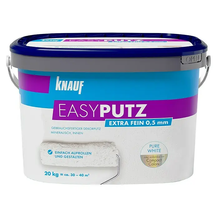 Knauf EasyPutz Dekoputz Extra fein - im Rezyklatgebinde - Weiß, Körnung: 0,5 mm, 20 kg, Konservierungsmittelfrei - Dose Knauf Easyputz gebrauchsfertiger Dekorputz mineralisch, innen, extra fein 0,5 mm. Pure White oder einfärbbar mit Compact Colors.